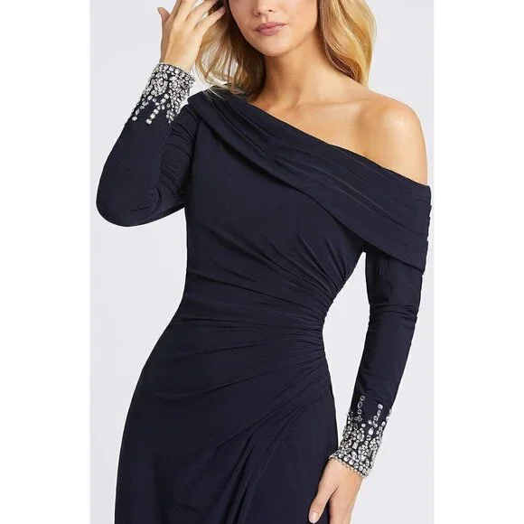 MAC DUGGAL One-Shoulder Long Sleeve Jersey Gown in Midnight Size US 14